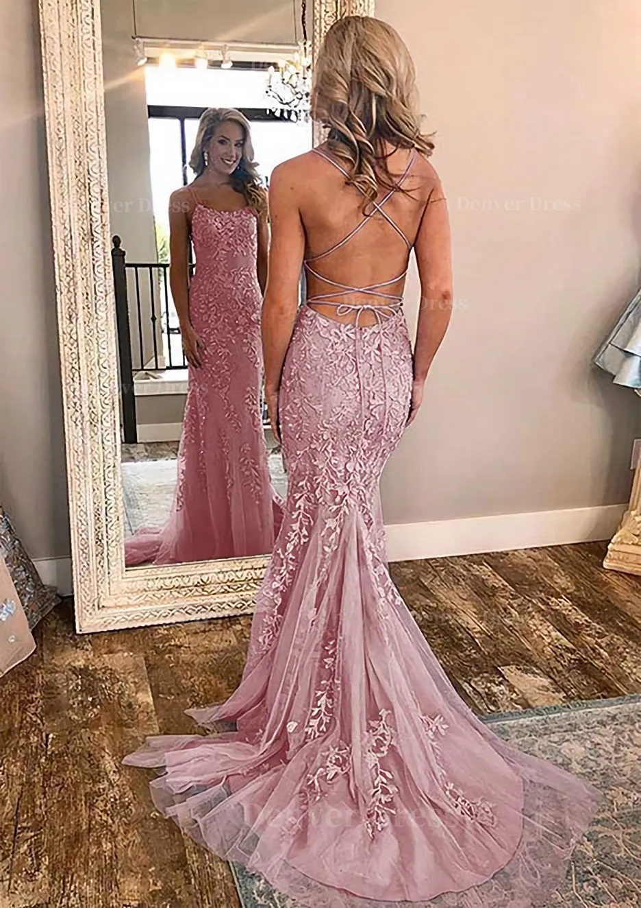 kamahe Sheath/Column Square Neckline Sleeveless Court Train Lace Prom Dress With Appliqued