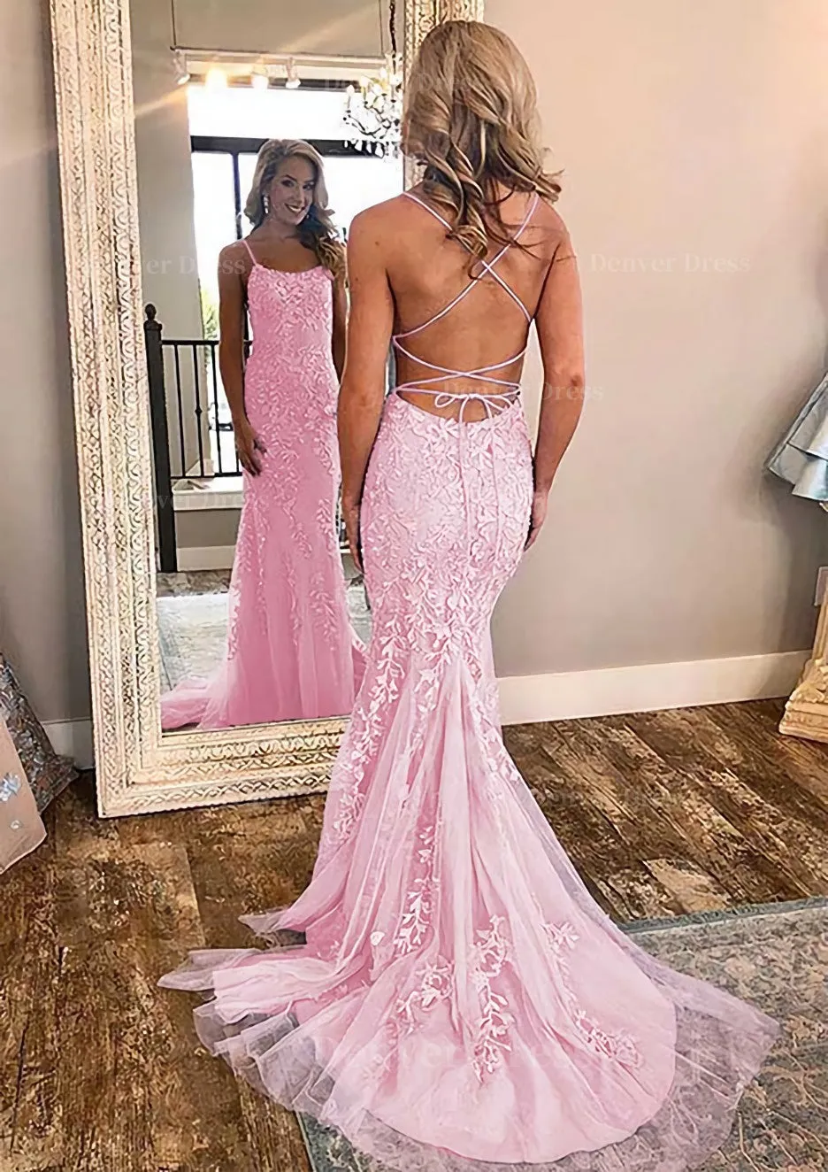 kamahe Sheath/Column Square Neckline Sleeveless Court Train Lace Prom Dress With Appliqued