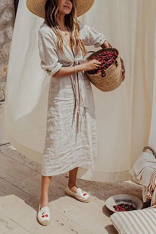 Knot V Neck Linen Dress