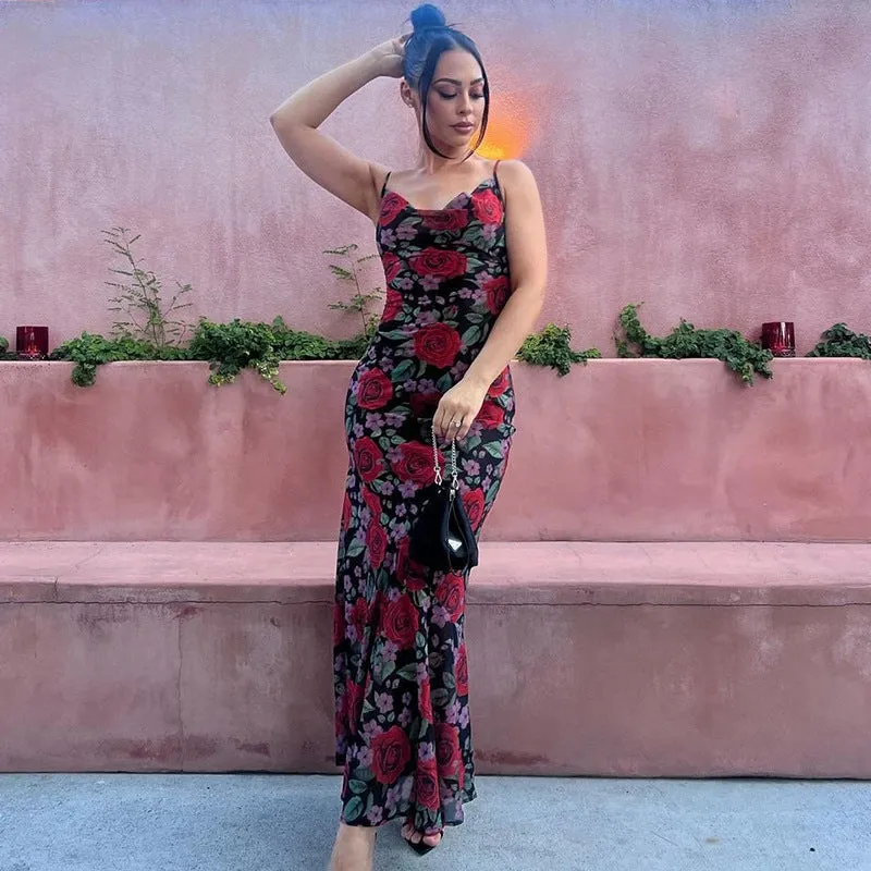 Laela Floral Print Mesh Maxi Dress