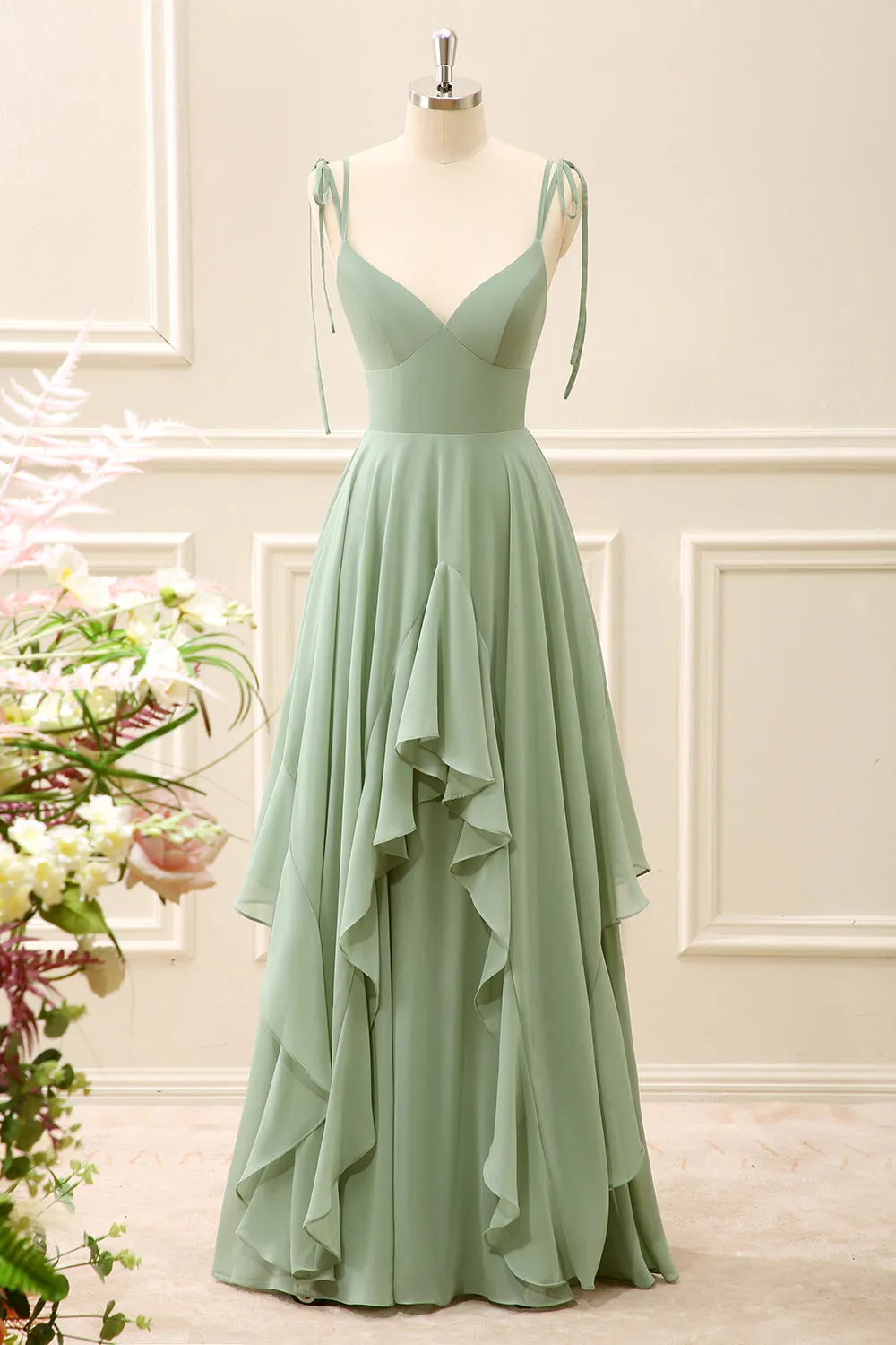 Matcha A Line Chiffon Maxi Dress with Ruffles