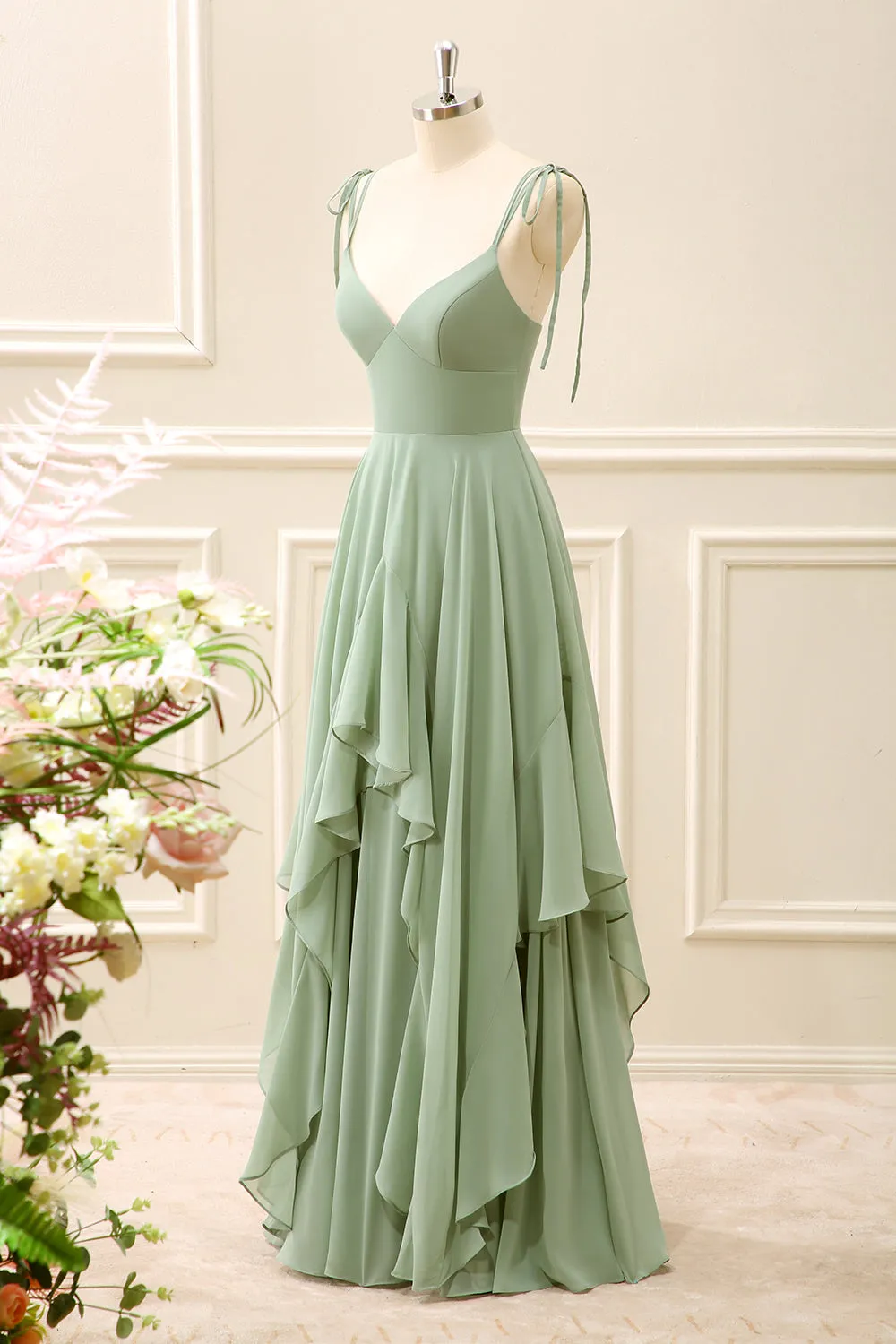 Matcha A Line Chiffon Maxi Dress with Ruffles