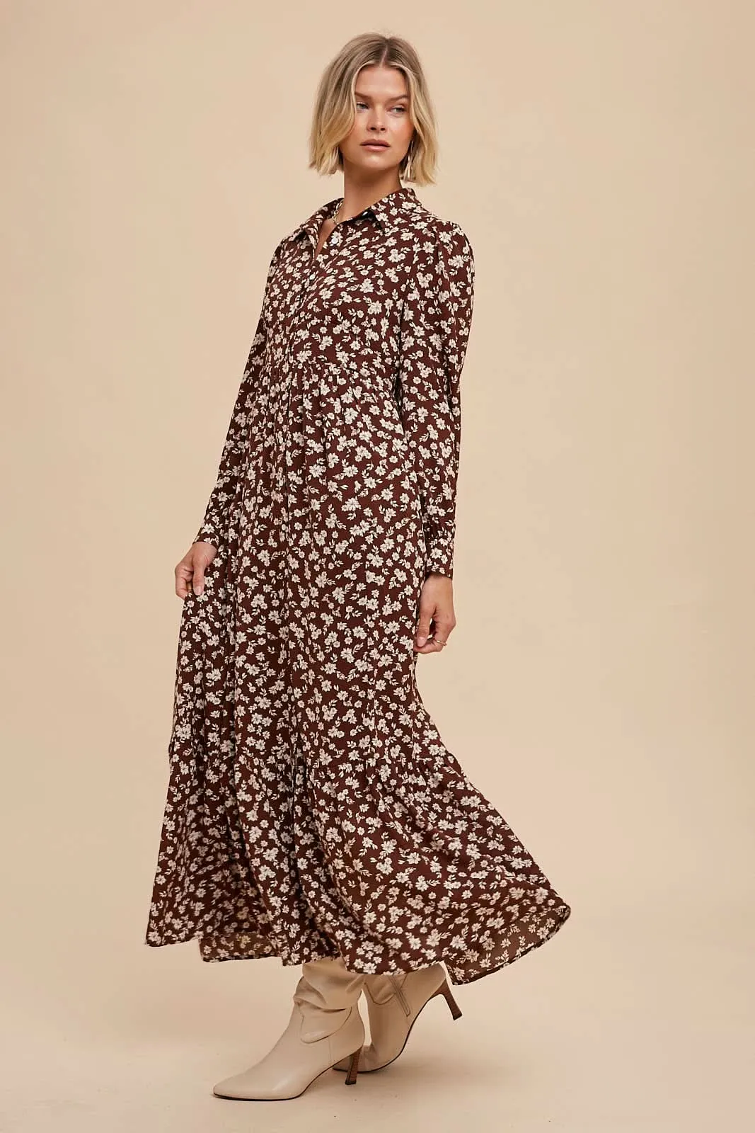 Mocha Floral Collar Button Down Maxi Dress