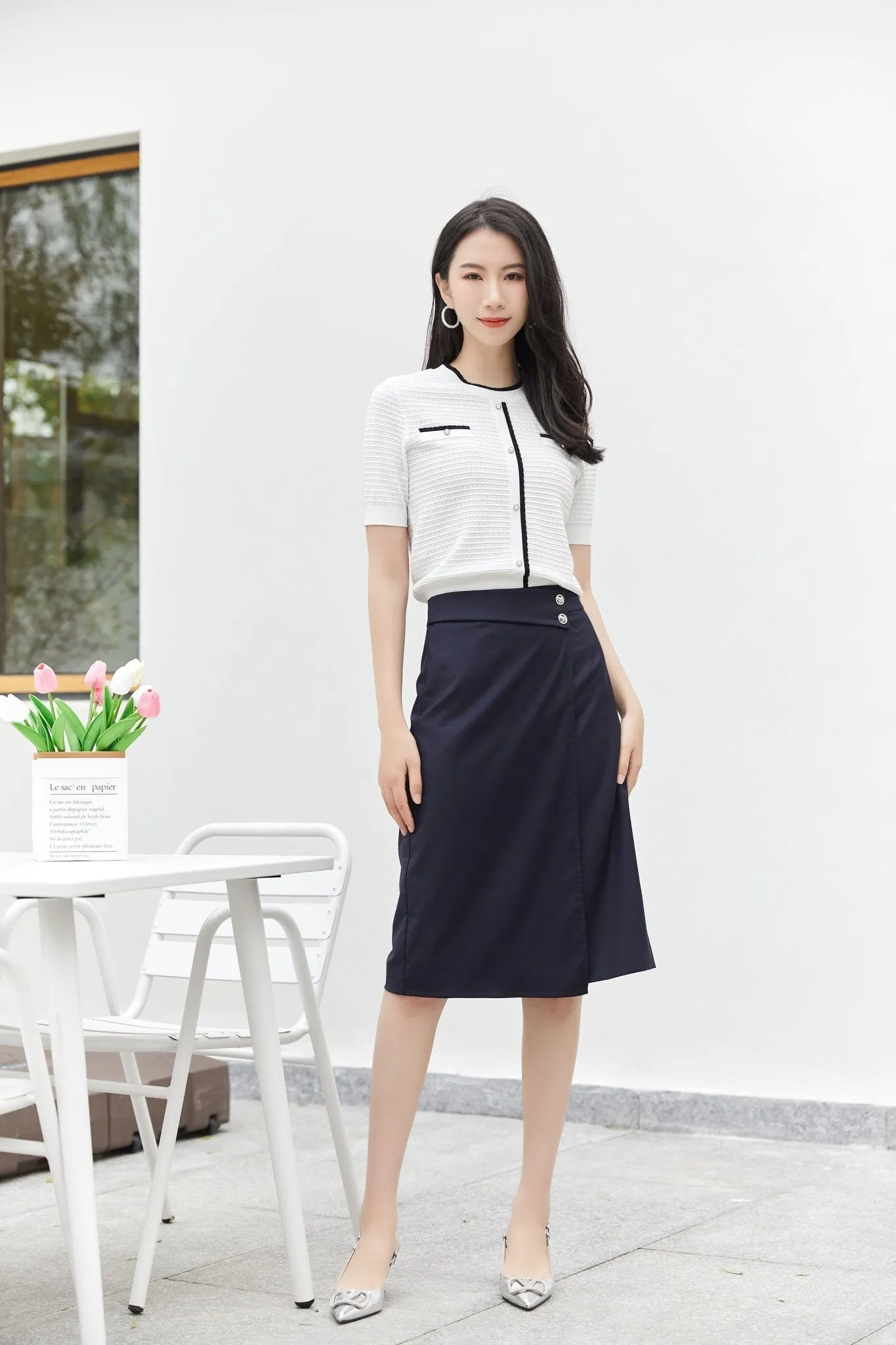 Navy Blue Slit Midi Skirt High Waist