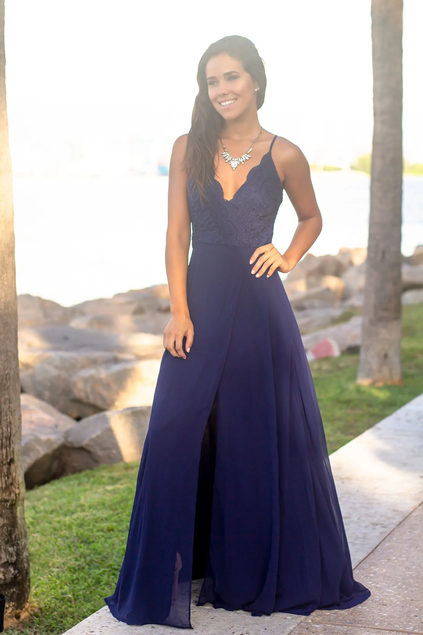 Navy Crochet Top Maxi Dress with Criss Cross Back