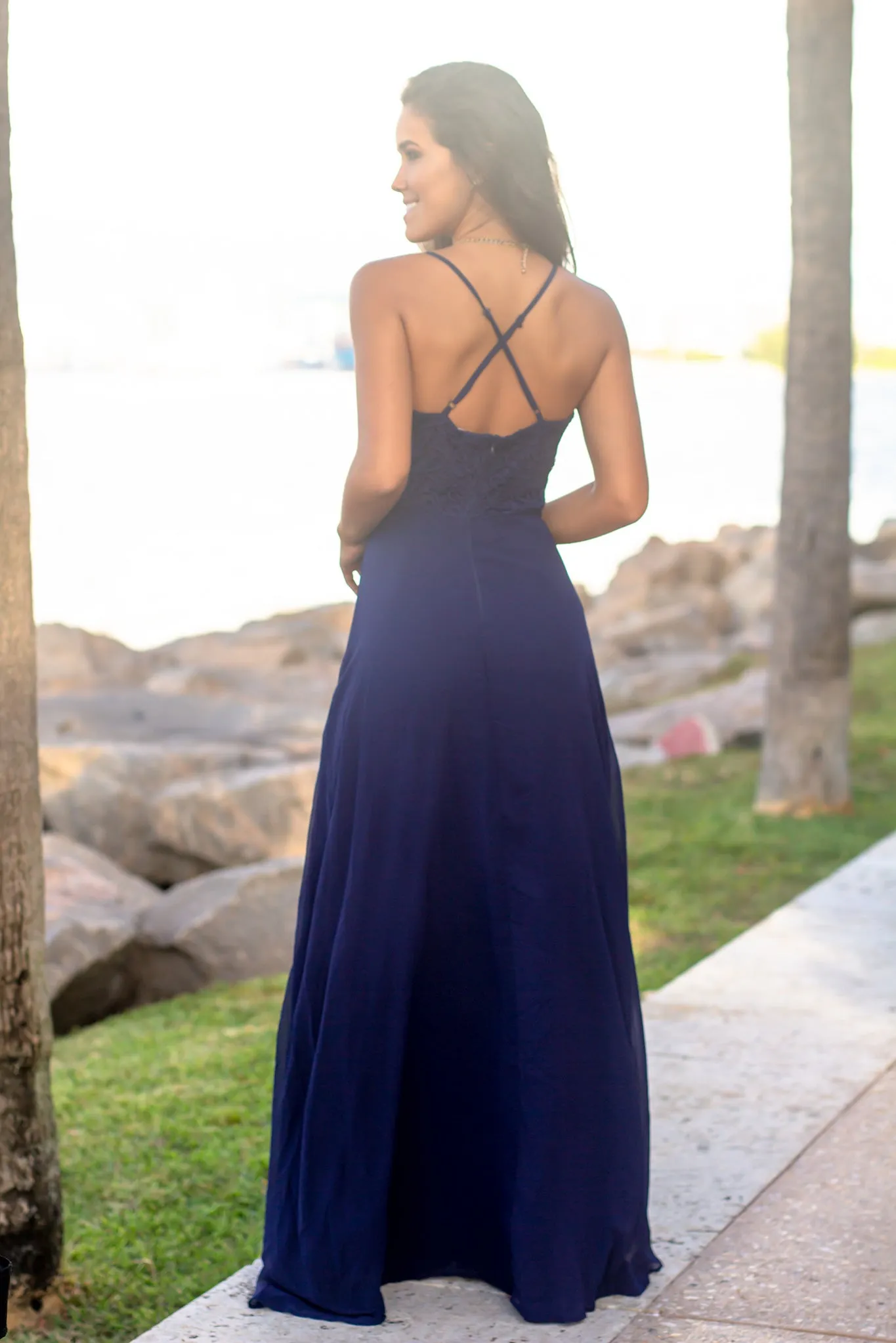 Navy Crochet Top Maxi Dress with Criss Cross Back