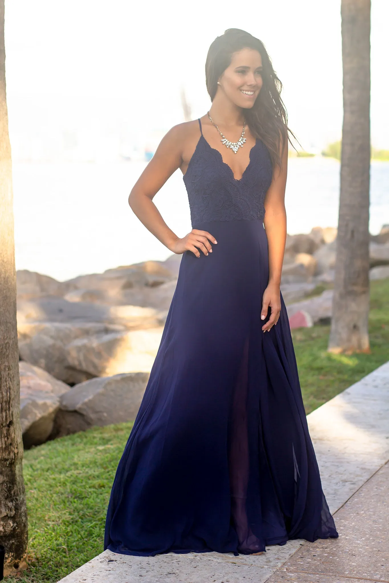 Navy Crochet Top Maxi Dress with Criss Cross Back