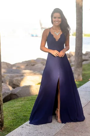 Navy Crochet Top Maxi Dress with Criss Cross Back