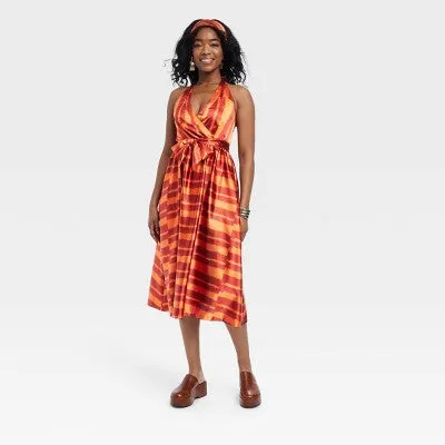 New - Black History Month Women's House of Aama Halter Neck A-Line Dress - Red Striped M