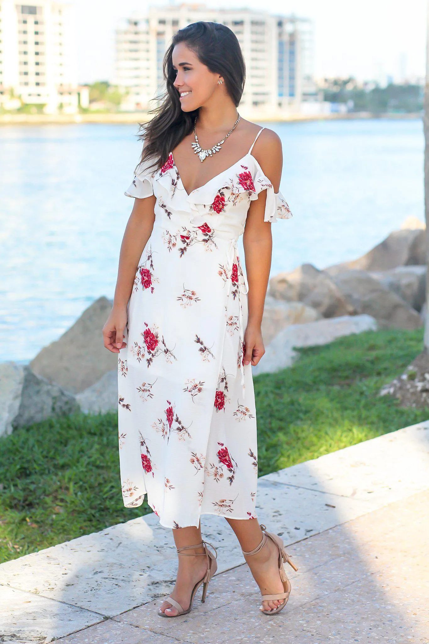 Off White Floral Wrap Dress