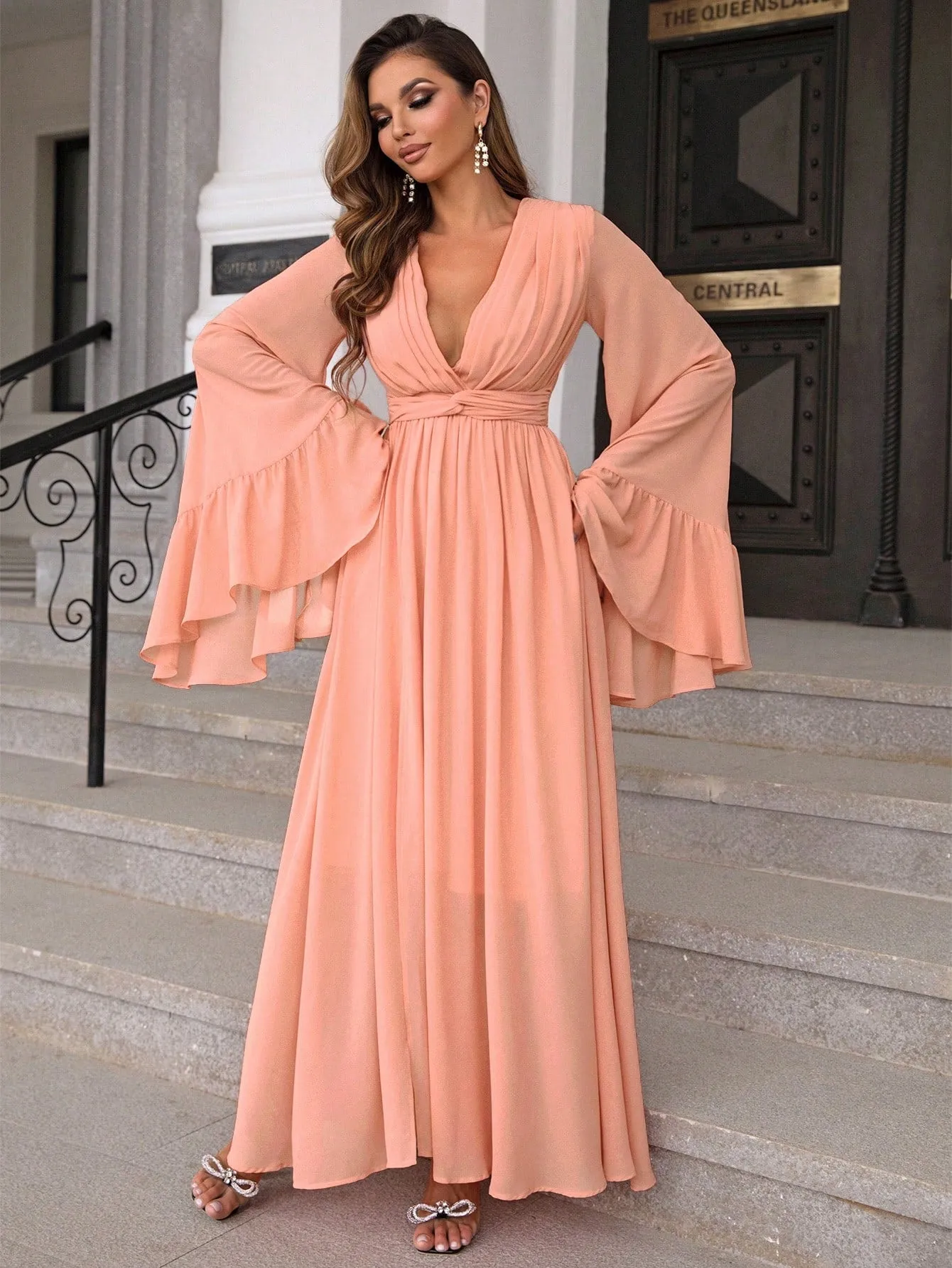 Plunging Neck Flounce Sleeve Twist Front Split Thigh Dress