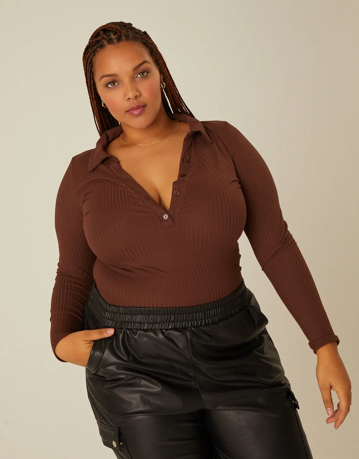 Plus Size Half Button Long Sleeve Top