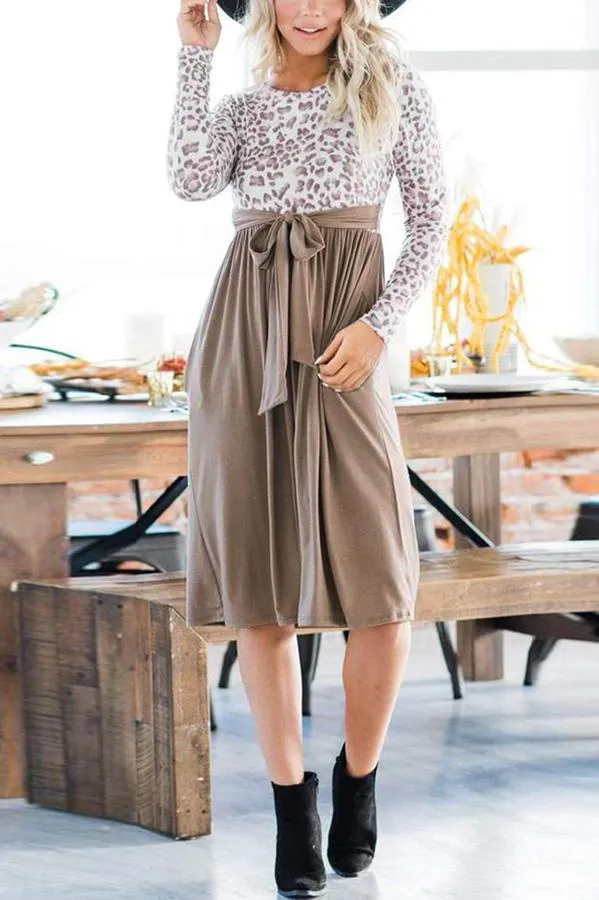 Print Knot Waist Long Sleeve Midi Dress