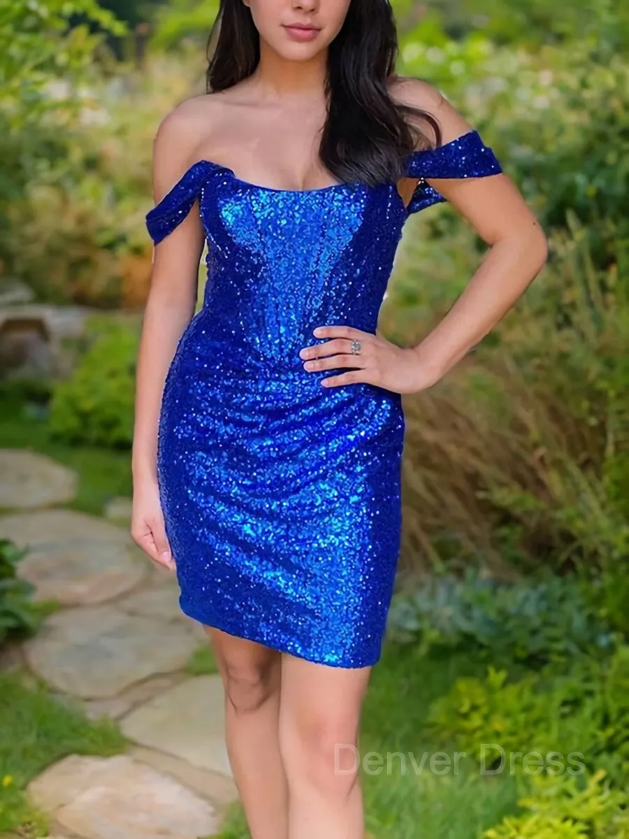 Sheath Off-the-Shoulder Short Sequins Homecoming Dresses With Ruffles