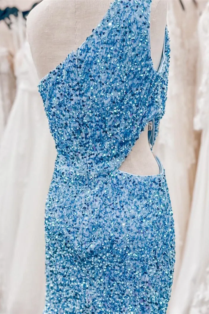 Sky Blue One Shoulder Sequins Sheath Cut-Out Homecoming Dress