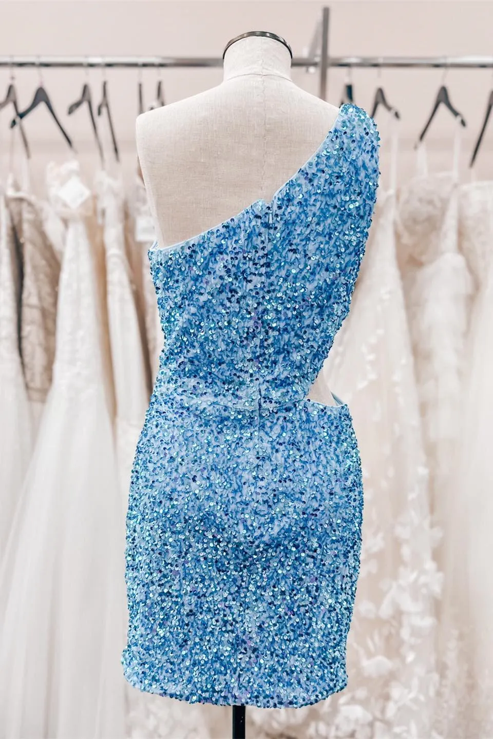 Sky Blue One Shoulder Sequins Sheath Cut-Out Homecoming Dress