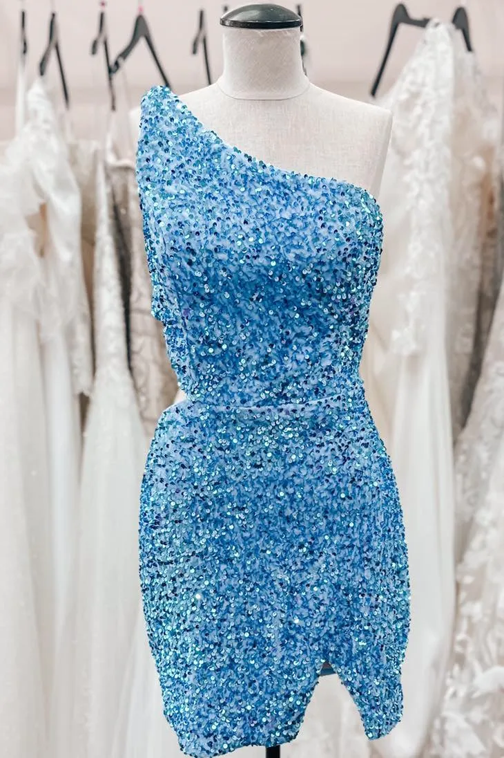 Sky Blue One Shoulder Sequins Sheath Cut-Out Homecoming Dress