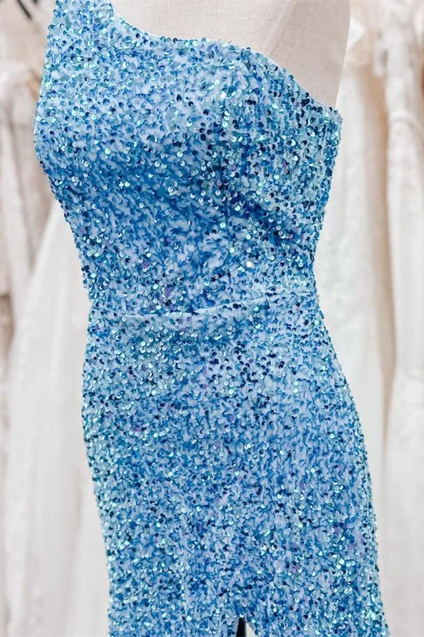 Sky Blue One Shoulder Sequins Sheath Cut-Out Homecoming Dress