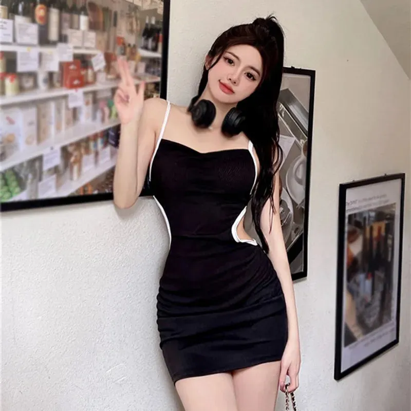 Sleeveless Color Summer Hollowed Pleated Contrast Waist Casual Out Cinched Dress