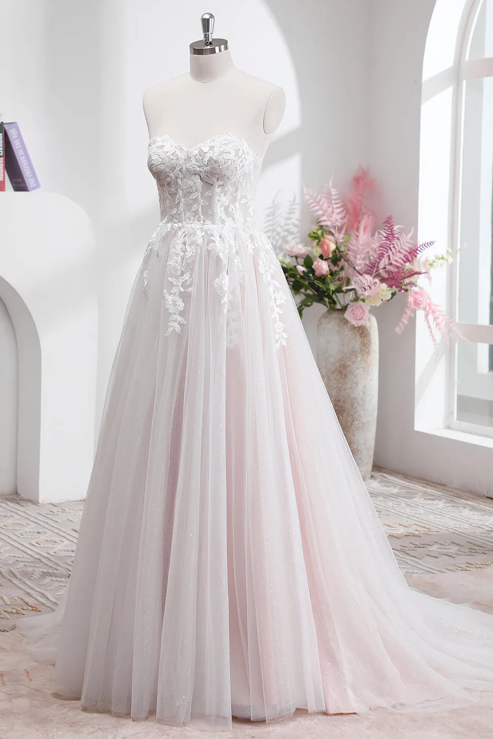 Sparkly White A Line Sweetheart Wedding Dress with Applique Lace