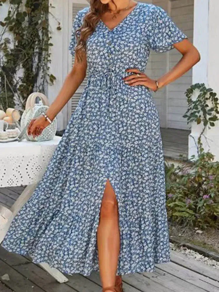 Vintage Floral Elegant Loose Slit Summer Beach Holiday Leisure High Waist Print A-Line Dress