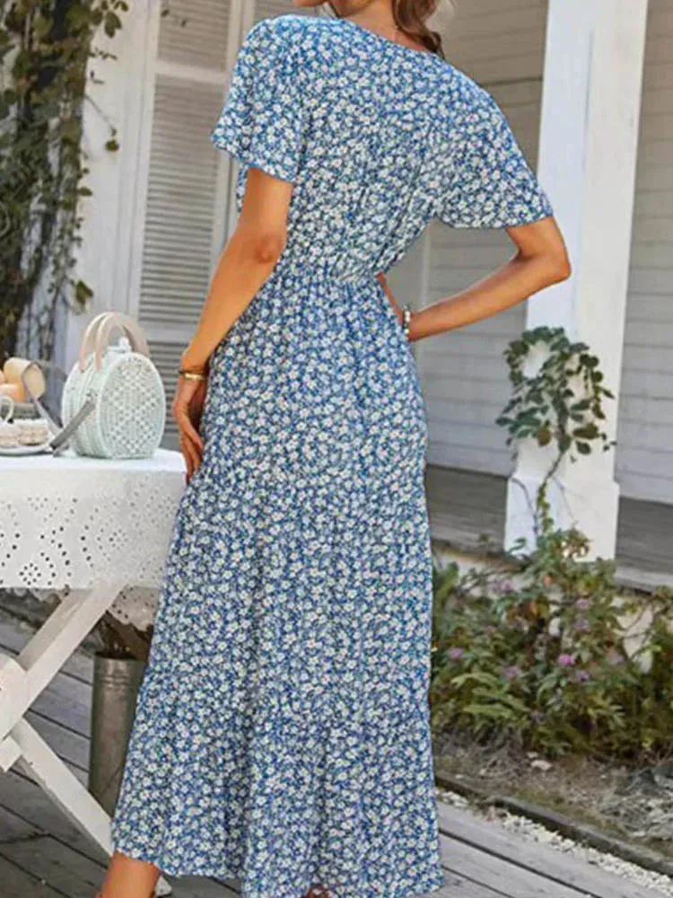 Vintage Floral Elegant Loose Slit Summer Beach Holiday Leisure High Waist Print A-Line Dress