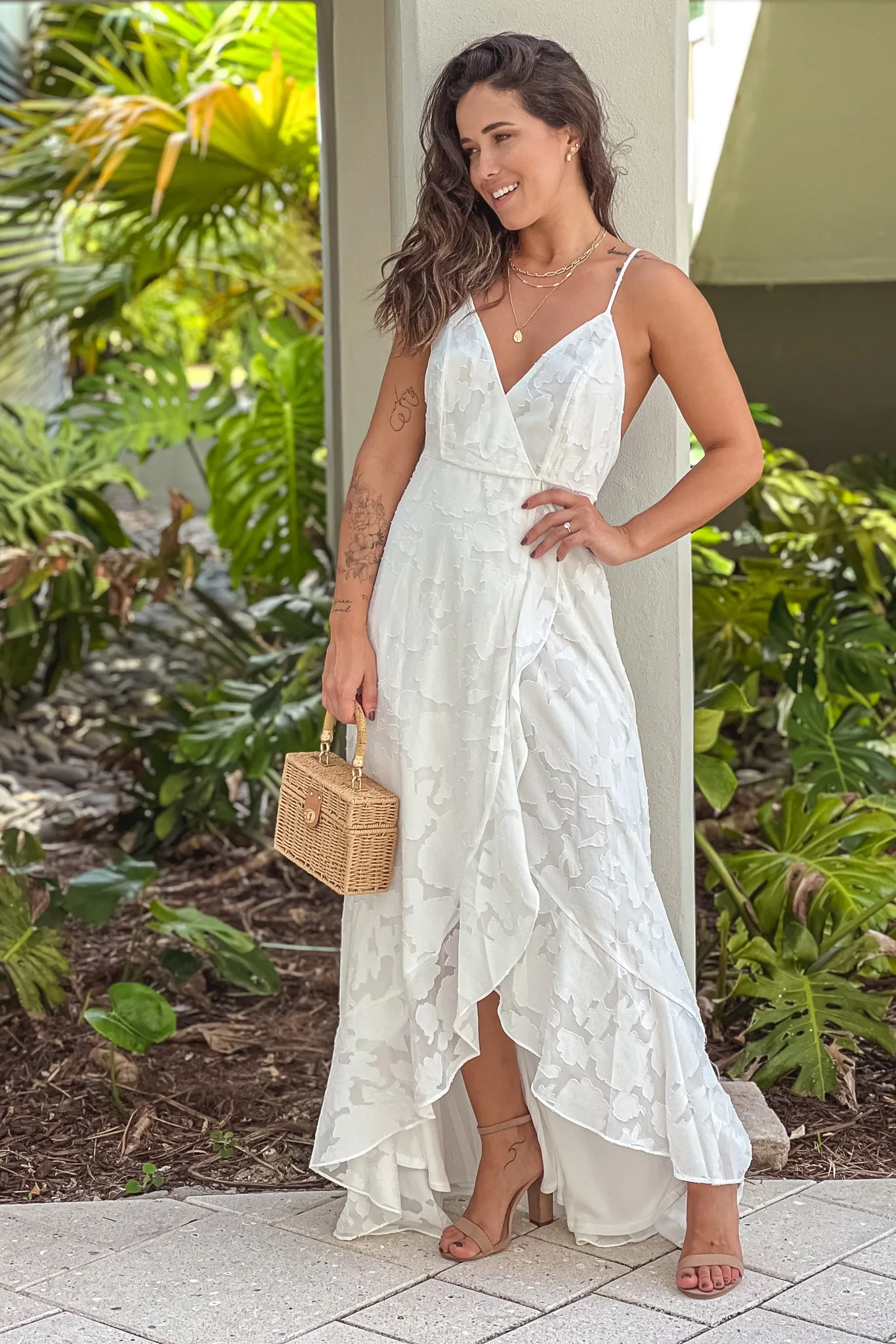 White Floral Ruffle Wrap Dress