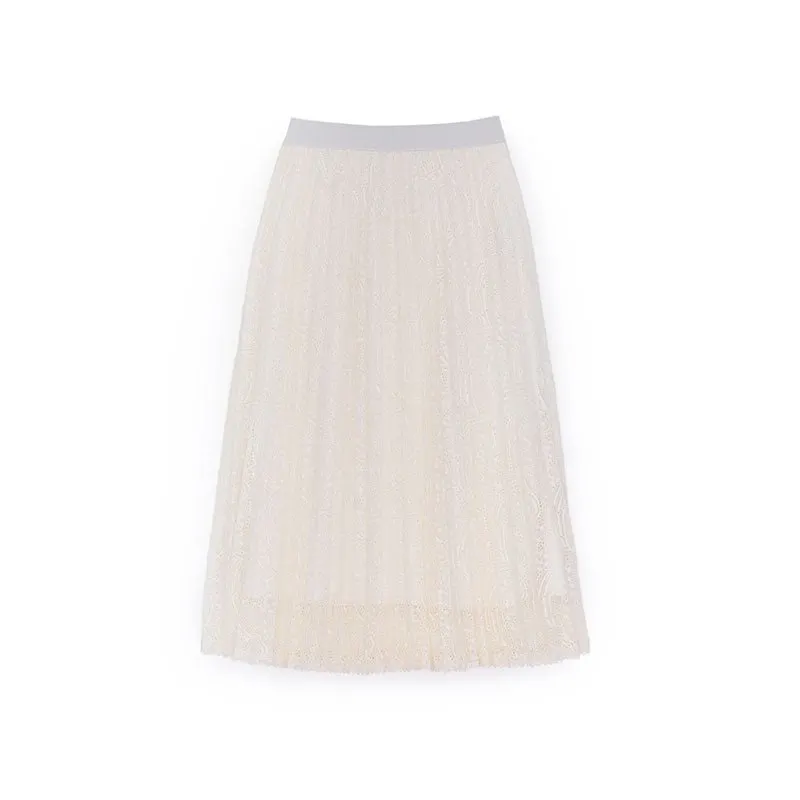 White Pleated Lace Midi Skirt