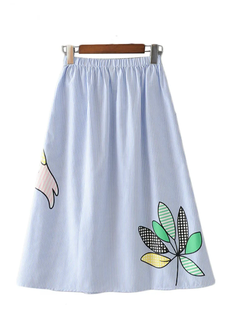 Women Sweet Coconut Tree Print Striped Skirts