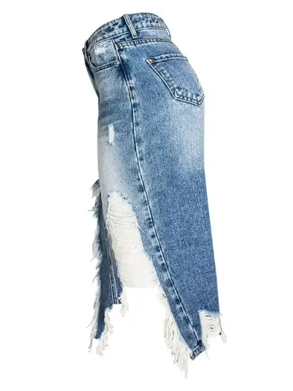 Women’s Irregular fringed ripped butt-lifting denim midi skirt