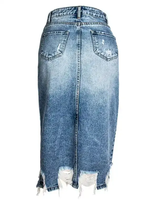 Women’s Irregular fringed ripped butt-lifting denim midi skirt