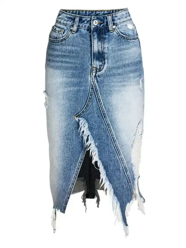 Women’s Irregular fringed ripped butt-lifting denim midi skirt