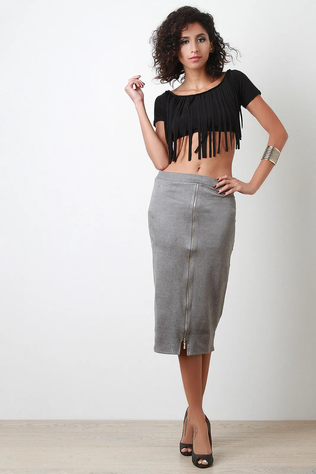 Zip Down Vegan Suede Midi Skirt